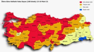 13-19 Mart haftasında illere göre 100 bin kişiye düşen Kovid-19 vaka sayı haritasını